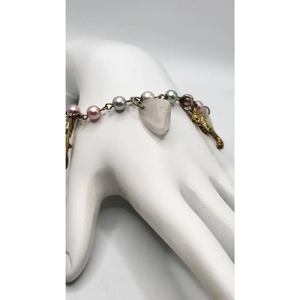 Vintage Charm Bracelet Ocean Nautical Seahorse Palm Trees Alligator Fish Pearl - Picture 3 of 11